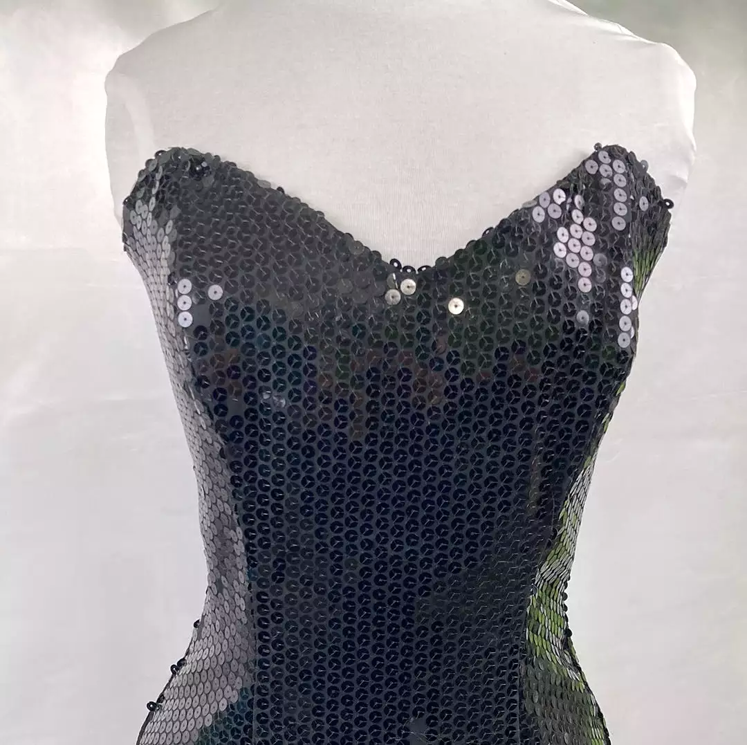 1980's Nadine Strapless Sequin Black Mermaid Prom Dress Vintage Women's Small