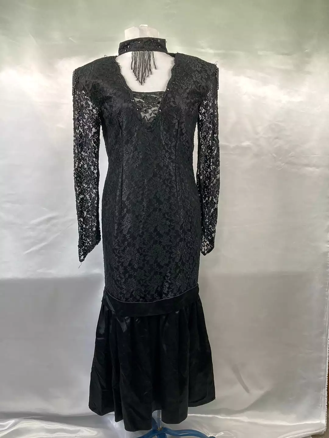 1980's Prom Black Lace Long Sleeve Dress Vintage Women's Dress Size sm/med