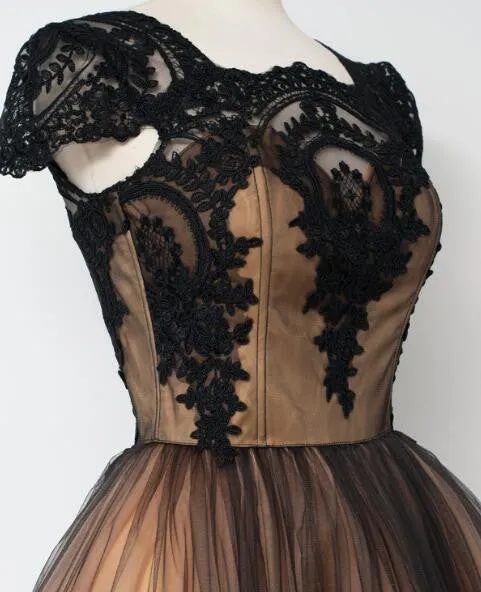 2024 Black Lace Short Vintage  Prom Dress with Cap Sleeves