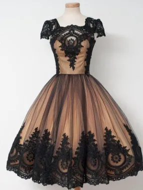 2024 Black Lace Short Vintage  Prom Dress with Cap Sleeves