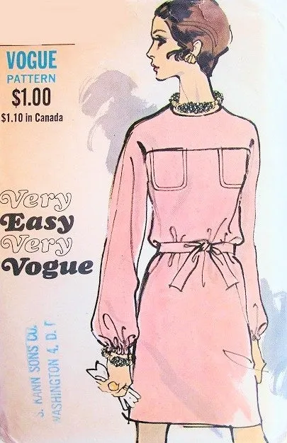 60s Loose Fitting Slim Dress Pattern Very Easy Very Vogue 7636 Jewel Neckline Easy To Sew and Wear Dress Bust 36 Vintage Sewing 