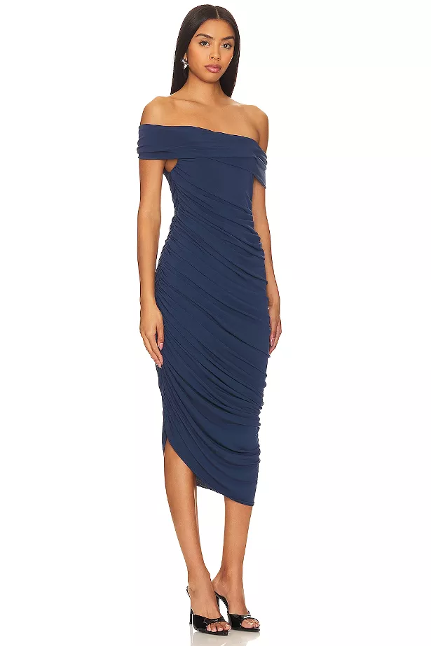 Alana Ruched Midi Off Shoulder Dress