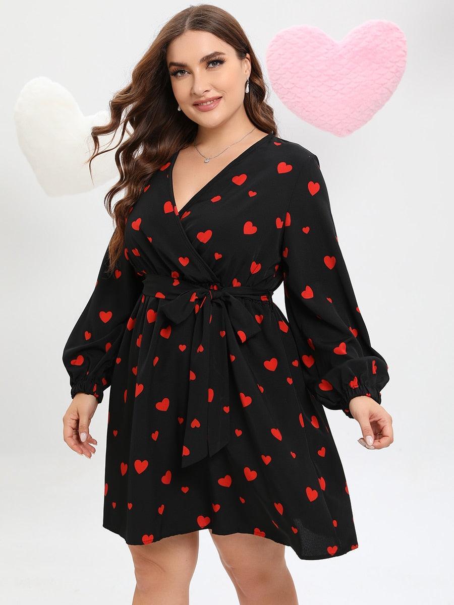 Allover Heart Print Belted Midi Dress