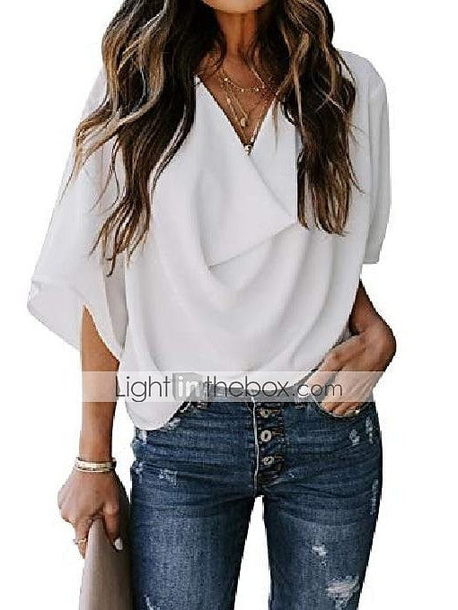 Almond Black and White Women's V-Neck Long Sleeve Blouse