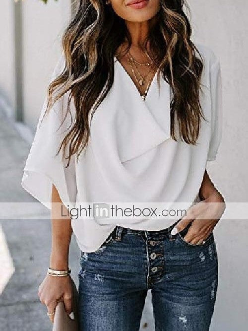 Almond Black and White Women's V-Neck Long Sleeve Blouse