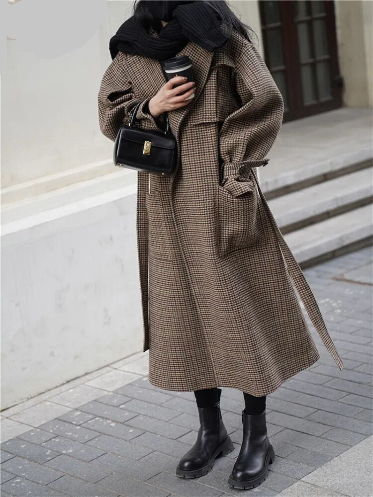 Ashore Shop Women's Long Wool Blended Plaid Coats