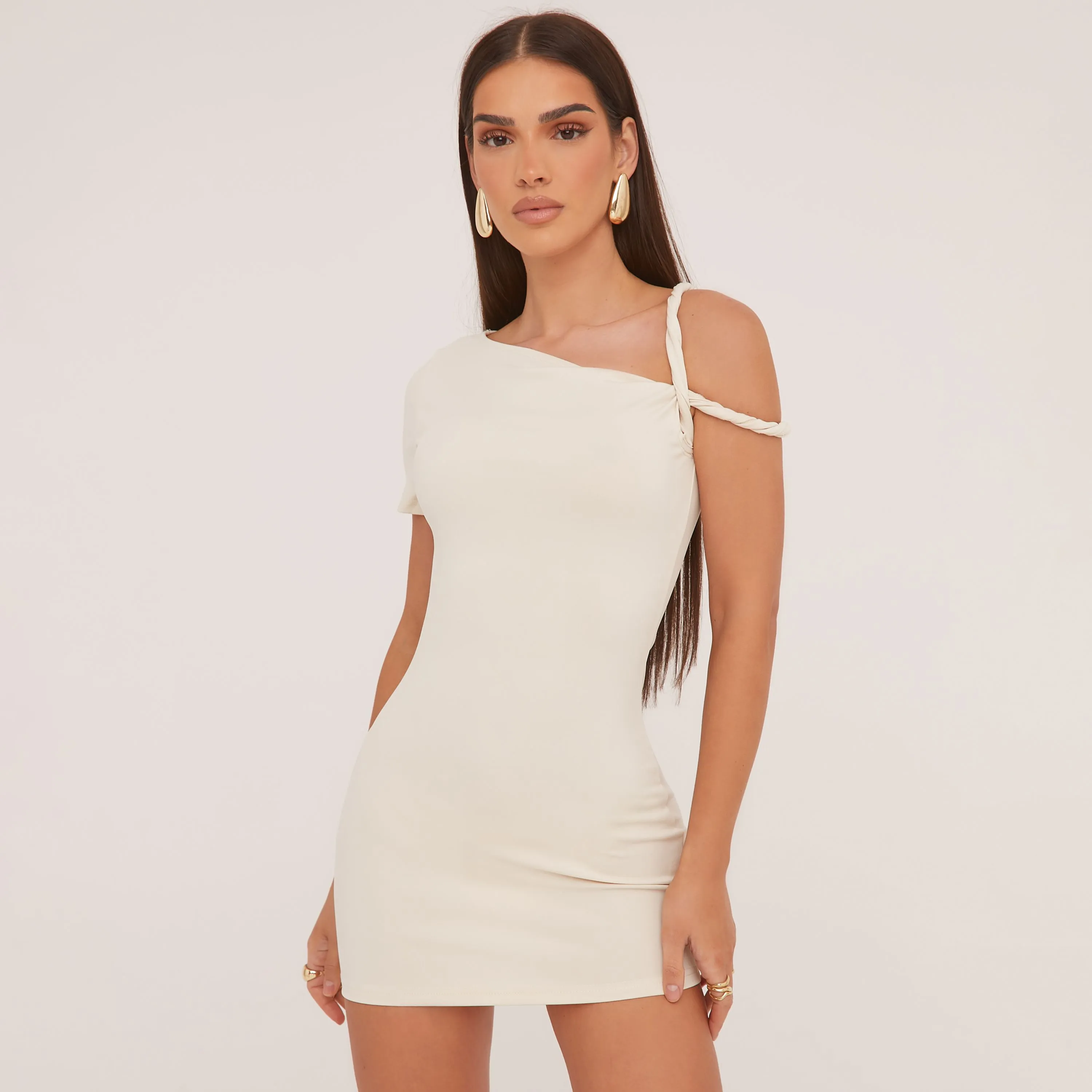 Asymmetric One Shoulder Twist Strap Detail Mini Bodycon Dress In Cream Slinky