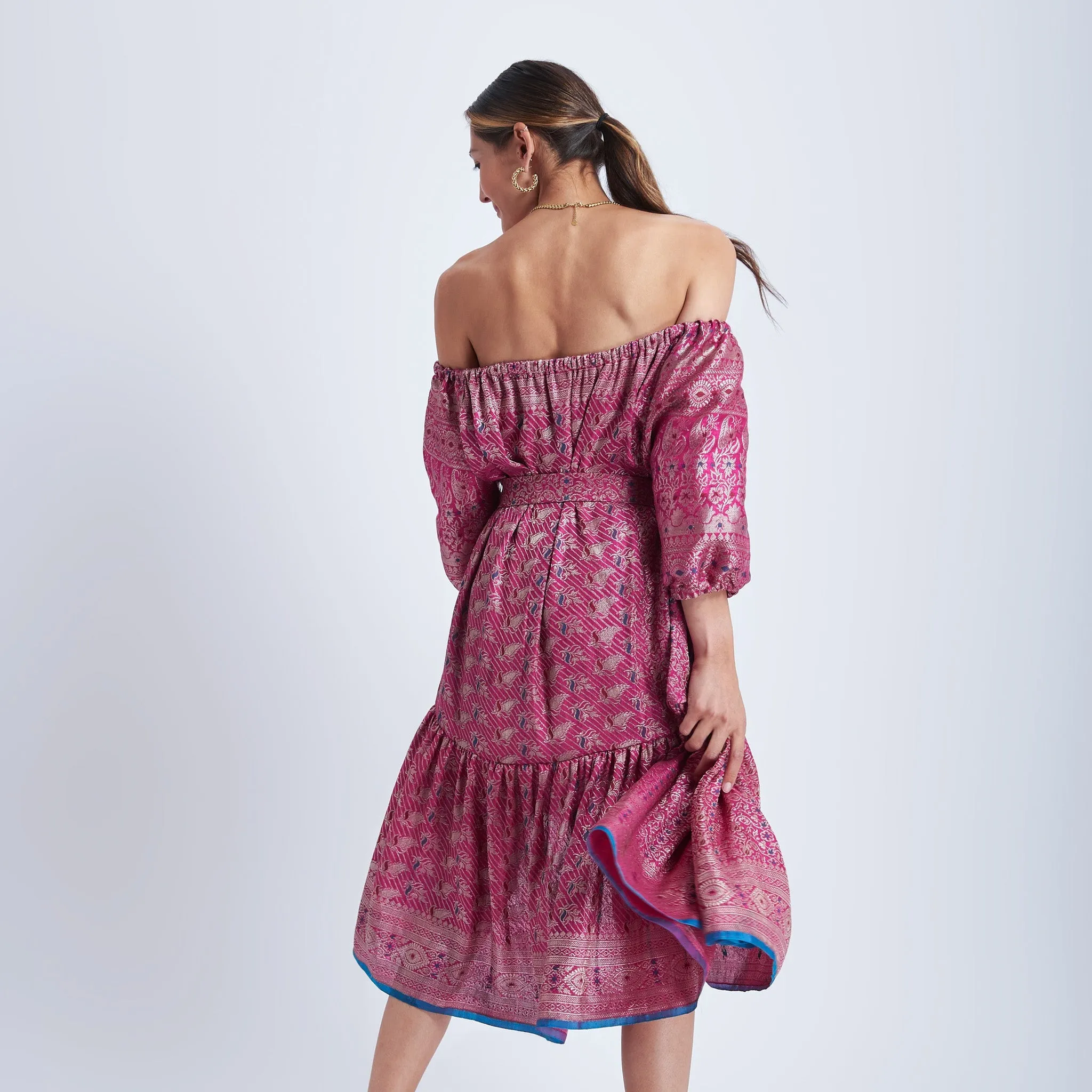 Ausus - Vintage Silk Sari Sapphire Pink Midaxi Dress