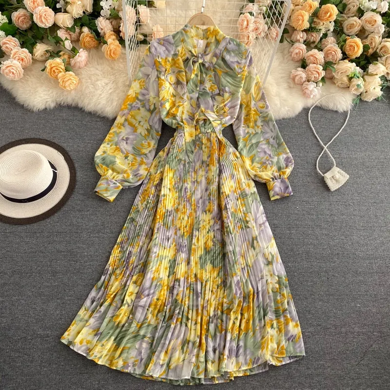 Bow Tie Neck Vintage Floral Midi Dress Long Sleeve Spring Autumn Chiffon Pleated Dress