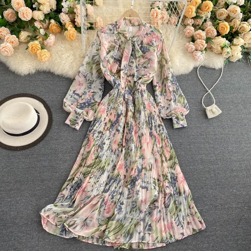 Bow Tie Neck Vintage Floral Midi Dress Long Sleeve Spring Autumn Chiffon Pleated Dress