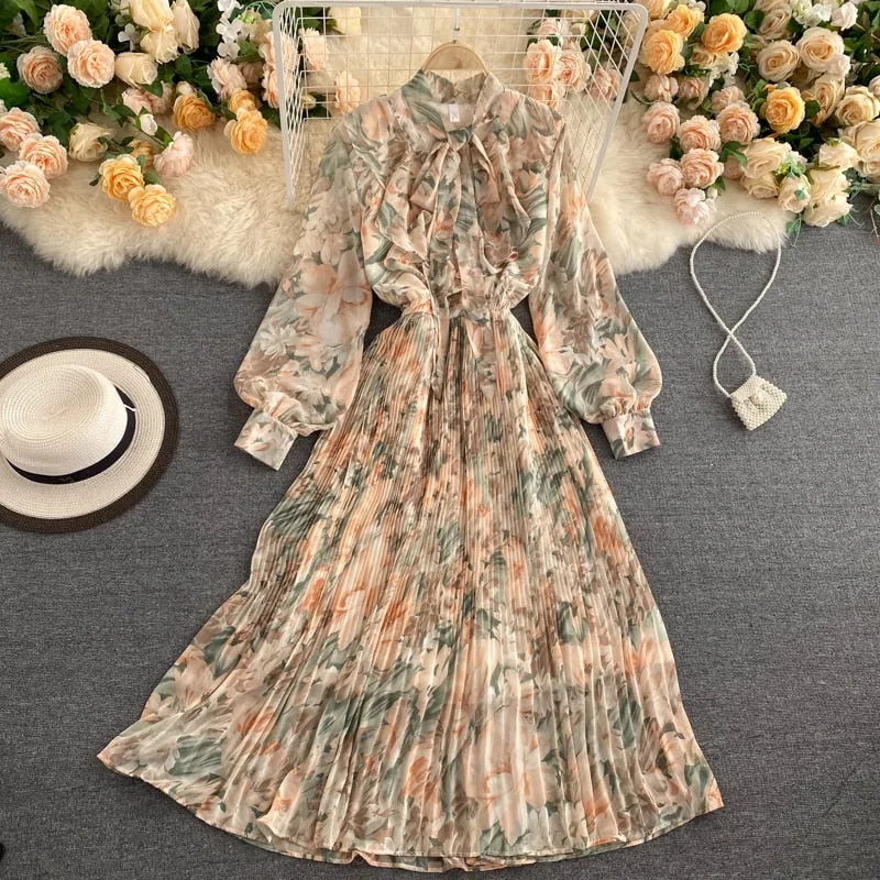 Bow Tie Neck Vintage Floral Midi Dress Long Sleeve Spring Autumn Chiffon Pleated Dress