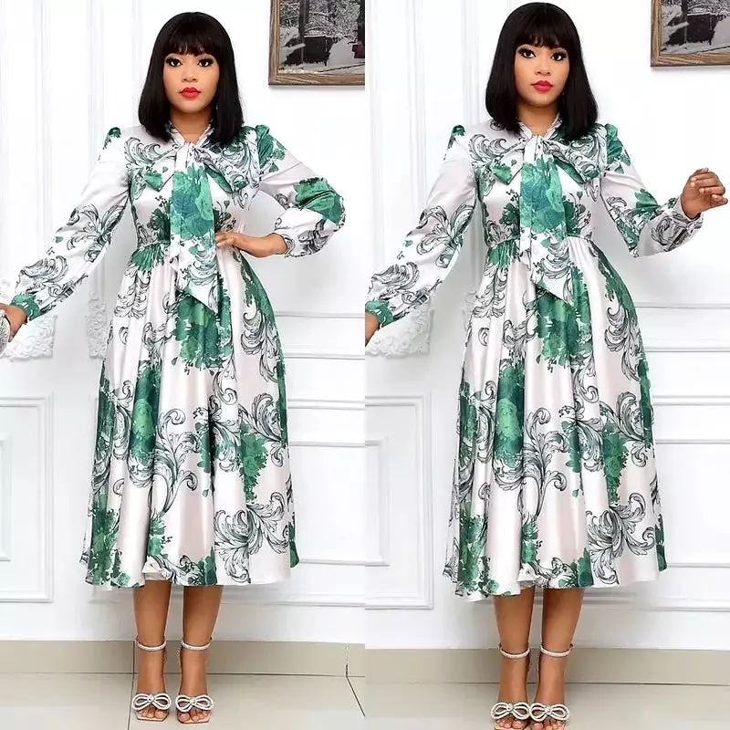 Bowtie Collar Long Sleeves Printed Dress