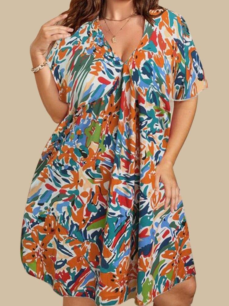 Butterfly Sleeves Floral Plus Size Dress