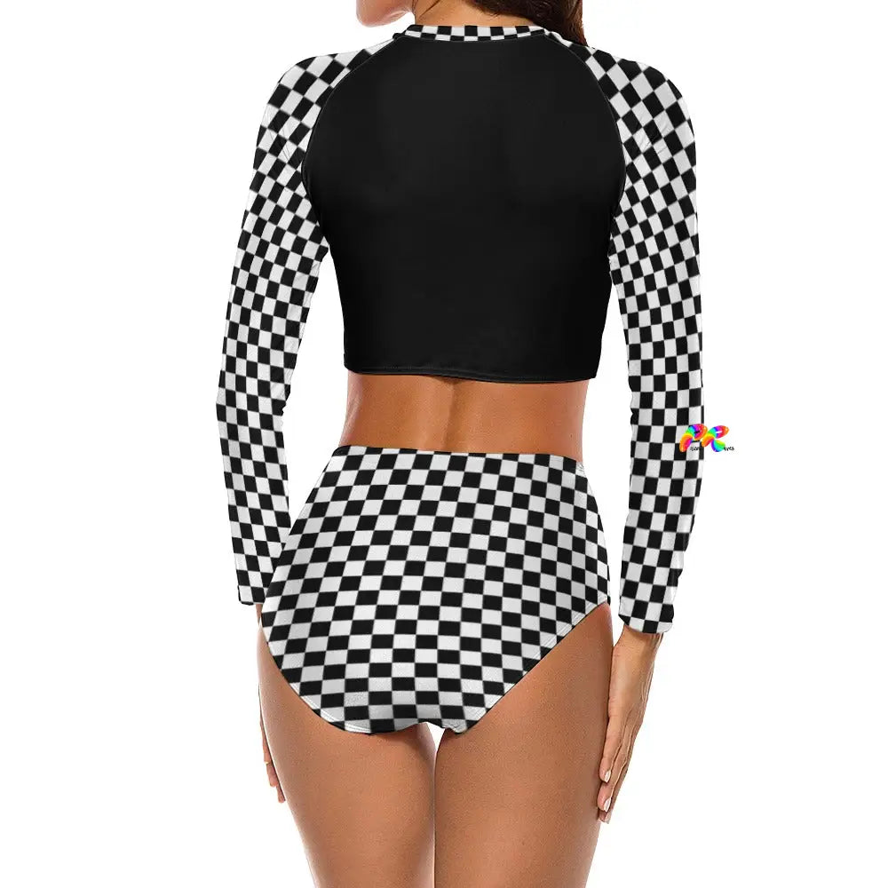 Checkered Long Sleeve High Waist Bikini