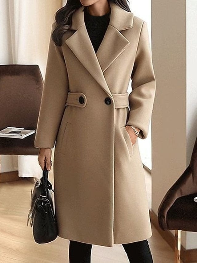 Chic Women's Long Coat with Eye-Catching Print and Convenient Pockets in Red, Camel, or Brown