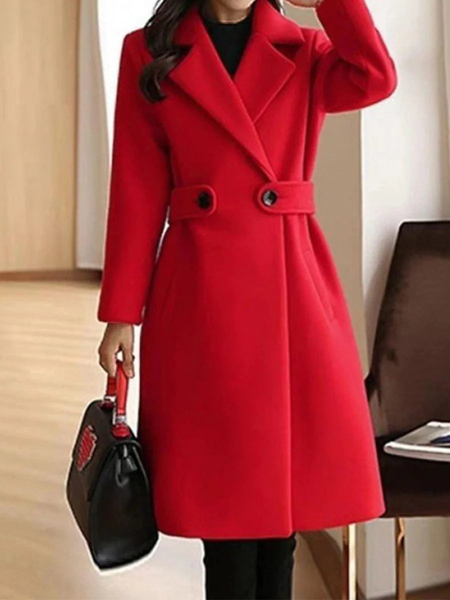 Chic Women's Long Coat with Eye-Catching Print and Convenient Pockets in Red, Camel, or Brown