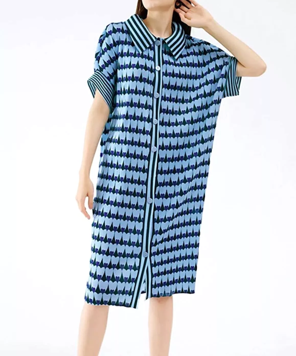 Collared Short Sleeve Printed Short Dress In Blue