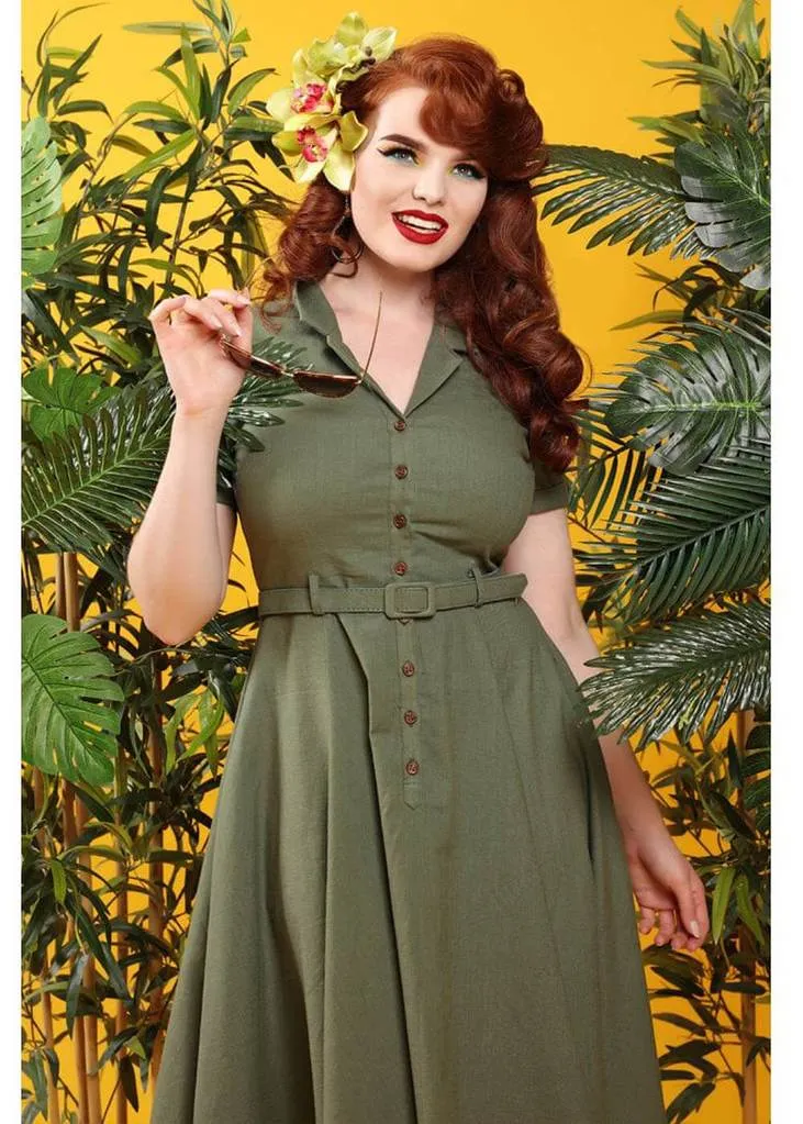 Collectif Caterina Vintage 40's Swing Dress Olive Green