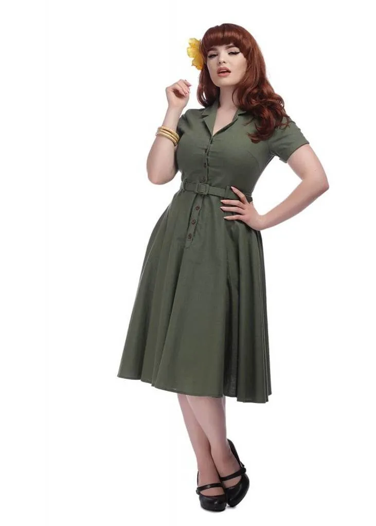 Collectif Caterina Vintage 40's Swing Dress Olive Green