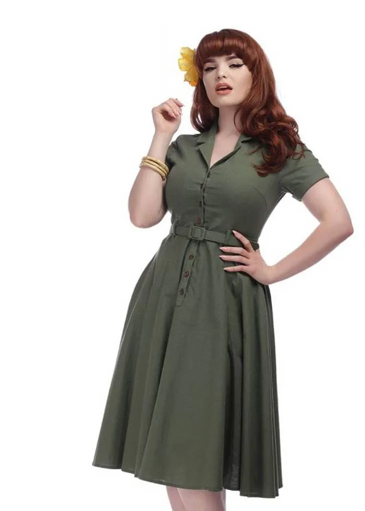 Collectif Caterina Vintage 40's Swing Dress Olive Green