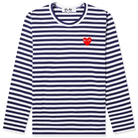 Comme des Garcons Play Women's Long Sleeve Heart Logo StripeNavy