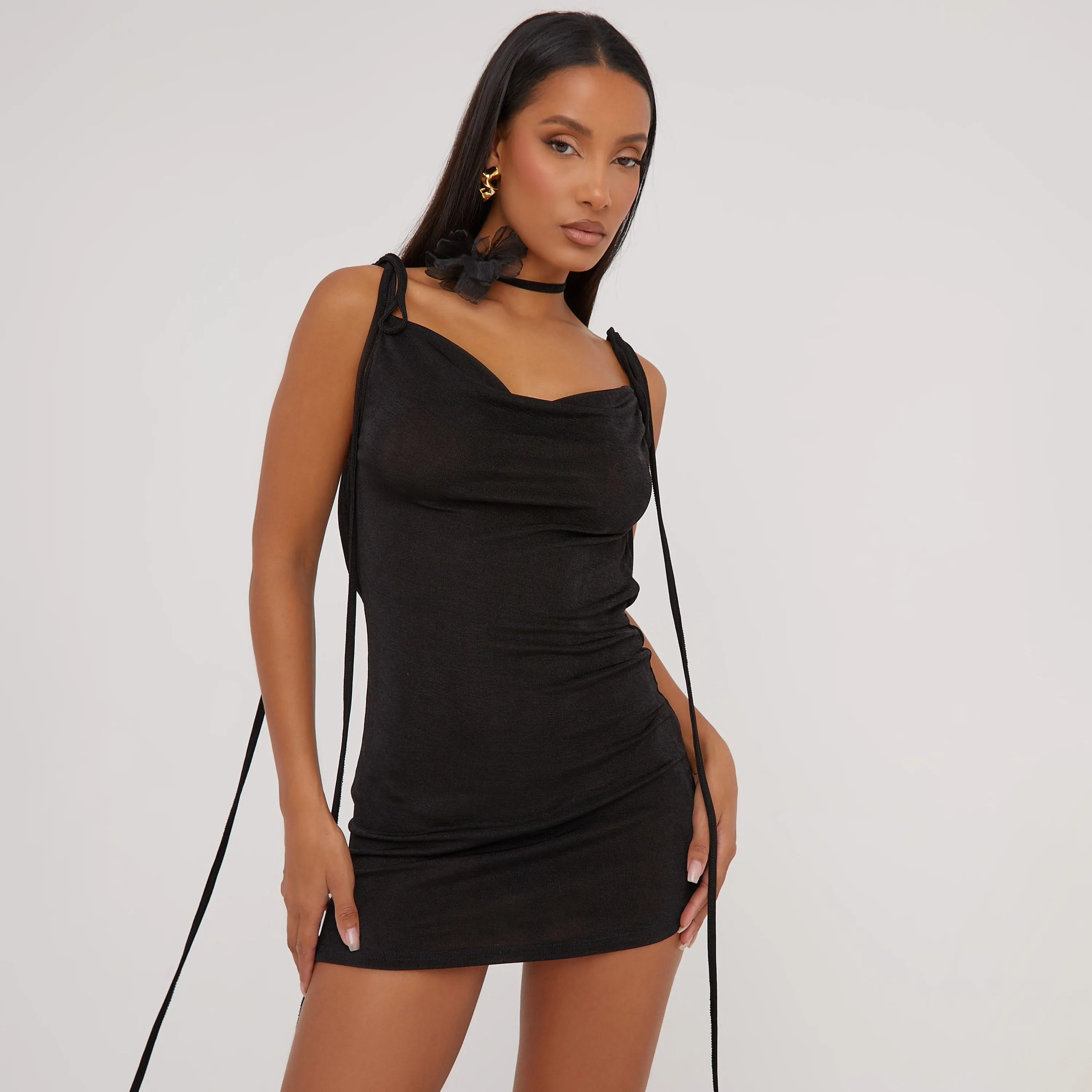 Cowl Neck Tie Shoulder Low Open Back Detail Mini Bodycon Dress In Black