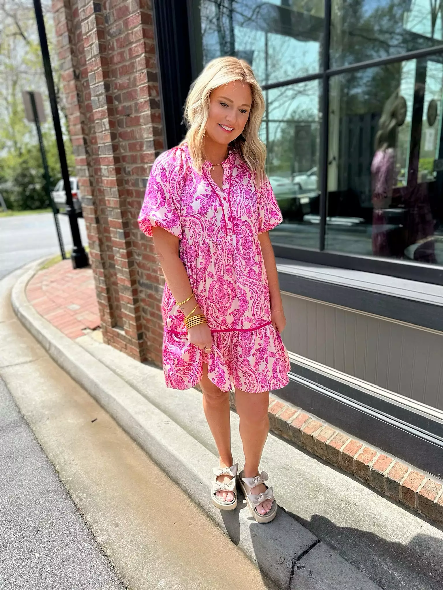 Dancing in Paisley Pink Split Neck Faux Button Balloon Sleeve Dress