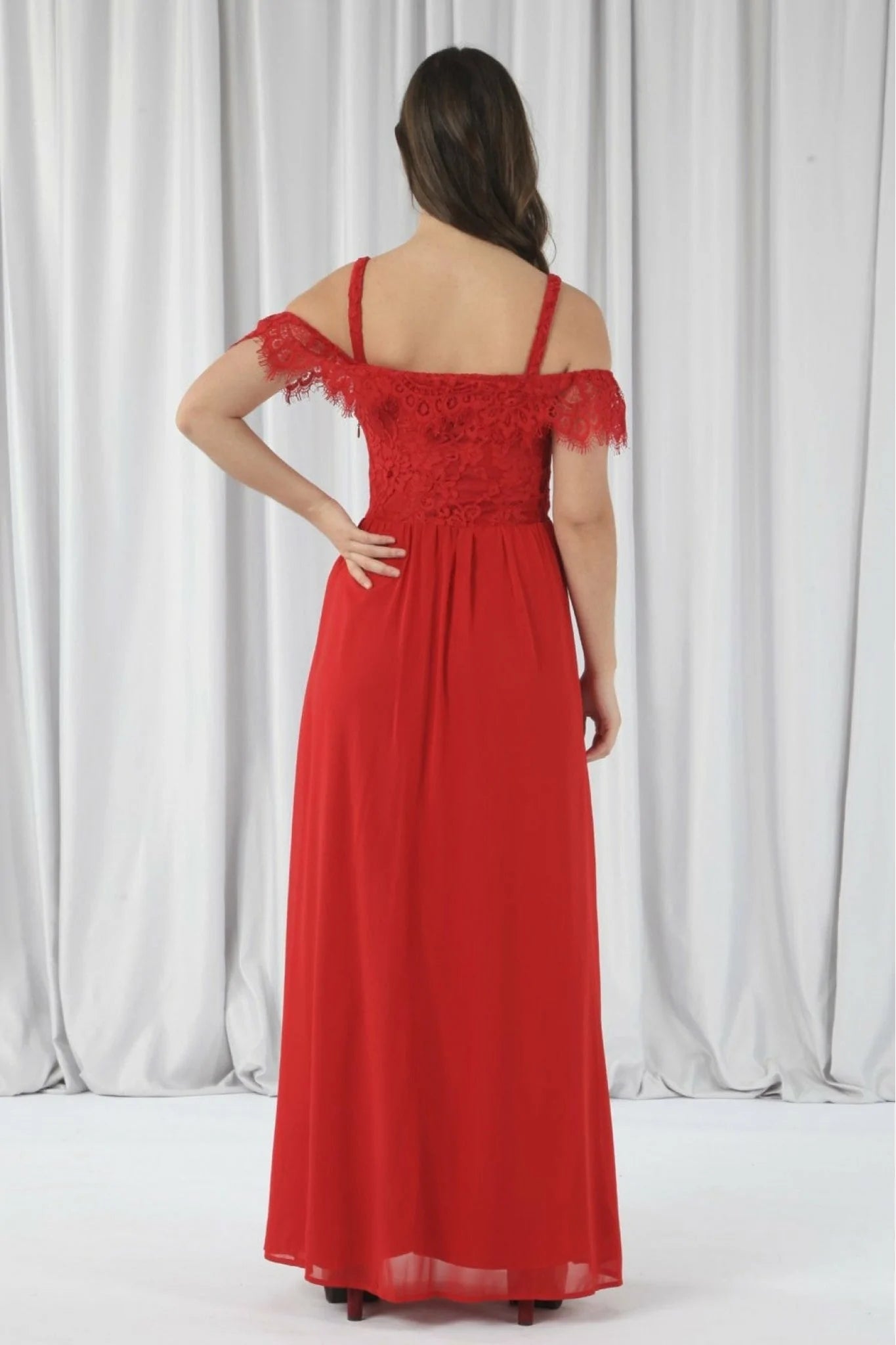 Double Second Red Scallop Edge Off Shoulder Dress