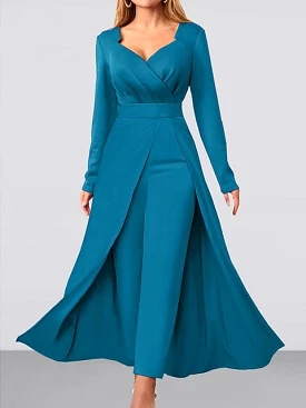 Elegant V-Neck Women's Jumpsuit with Wide Leg and Long Sleeves