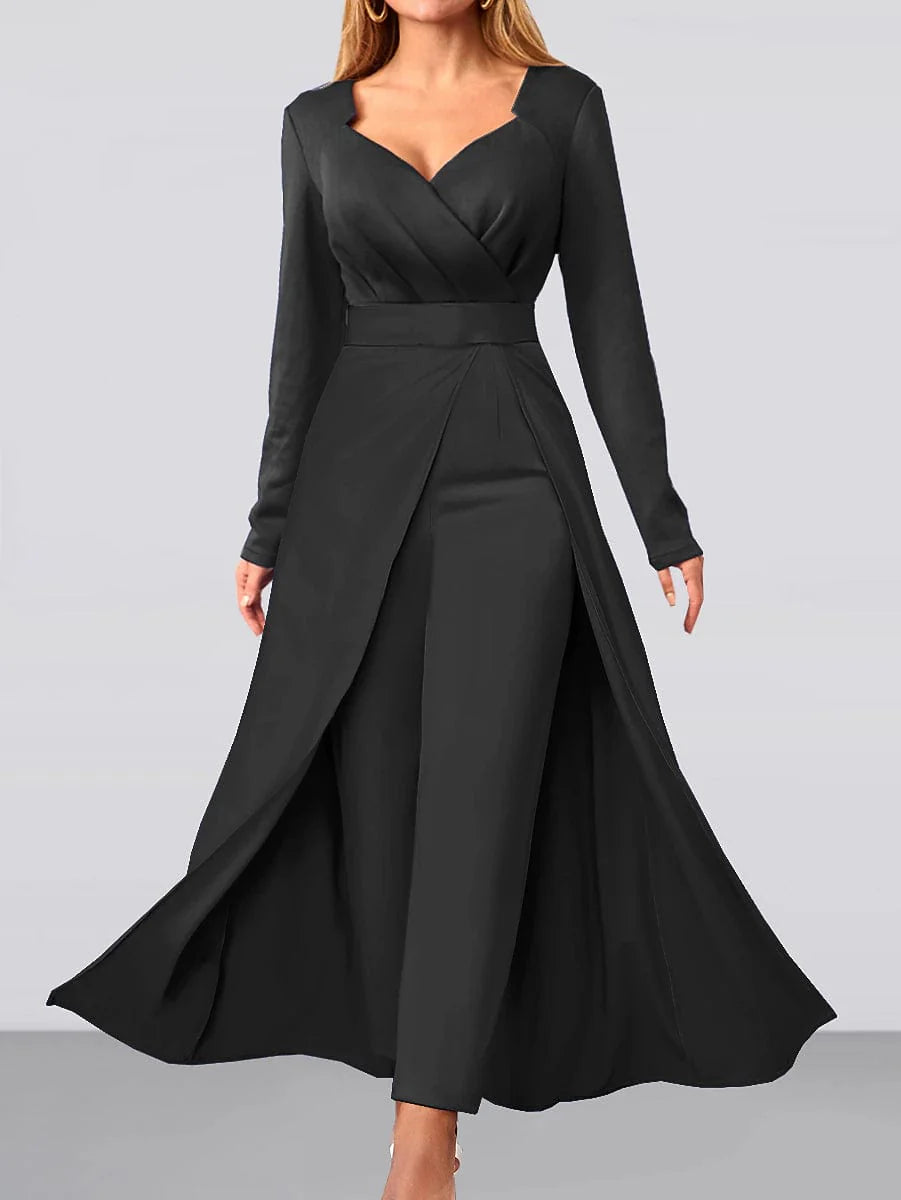 Elegant V-Neck Women's Jumpsuit with Wide Leg and Long Sleeves