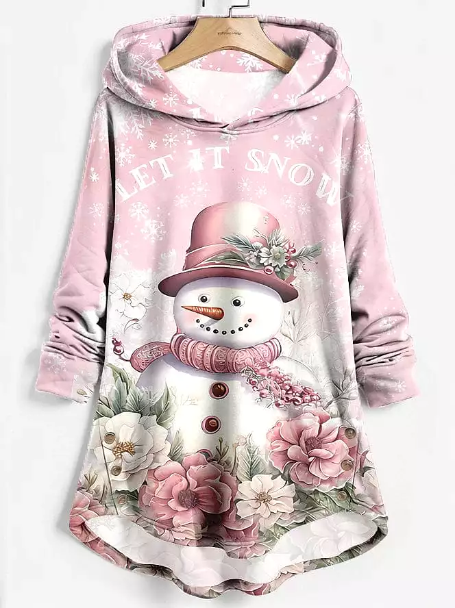 Festive Santa Claus and Snowman Print Women's Hoodie Sweatshirt