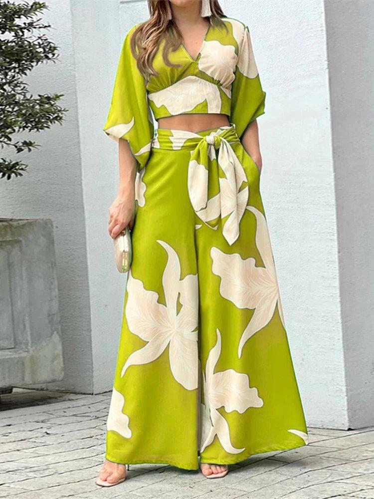 Floral Print Women 2 Piece Sets Fashion V-Neck Top and Wide Leg Pant Sets L B-21329