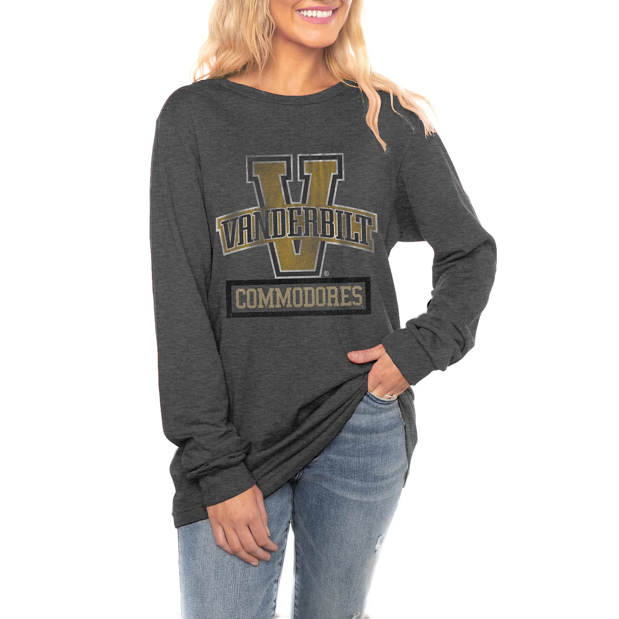 Gameday Couture Vanderbilt Commodores Women's Charcoal College Vault Tailgate Club Luxe Boyfriend Long Sleeve T-Shirt