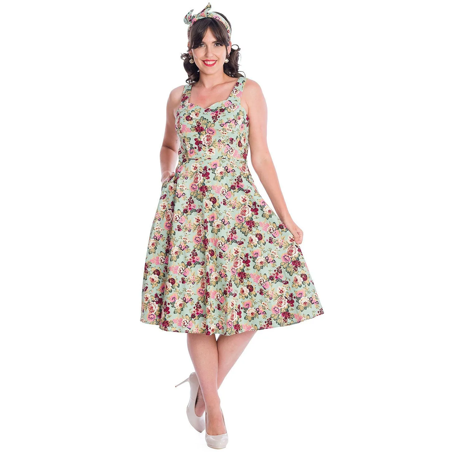 Green Vintage Floral Print Rockabilly 50s Swing Dress