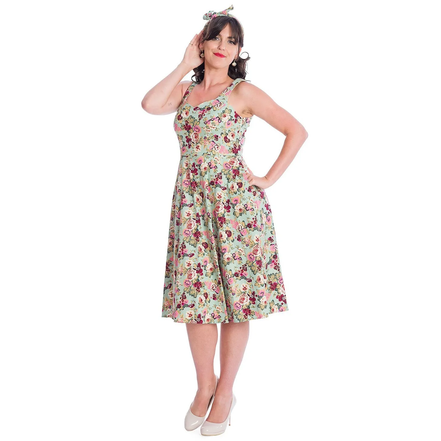 Green Vintage Floral Print Rockabilly 50s Swing Dress