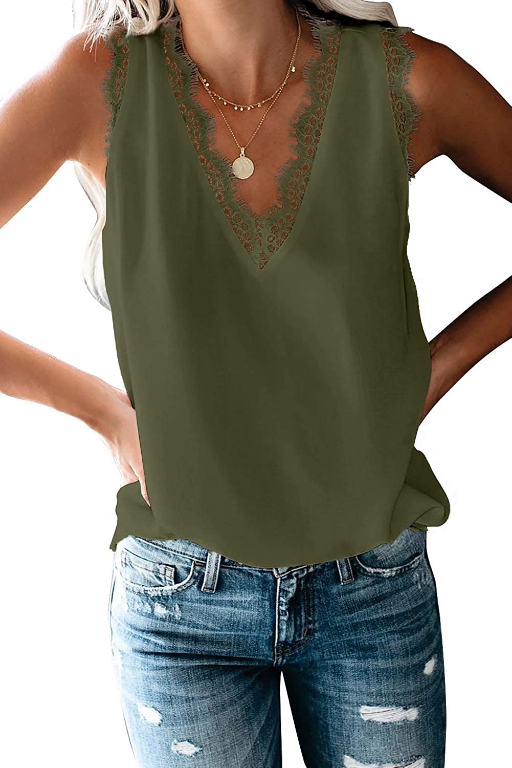 Haute Edition Women's Lace Trim V-Neck Summer Casual TankTop