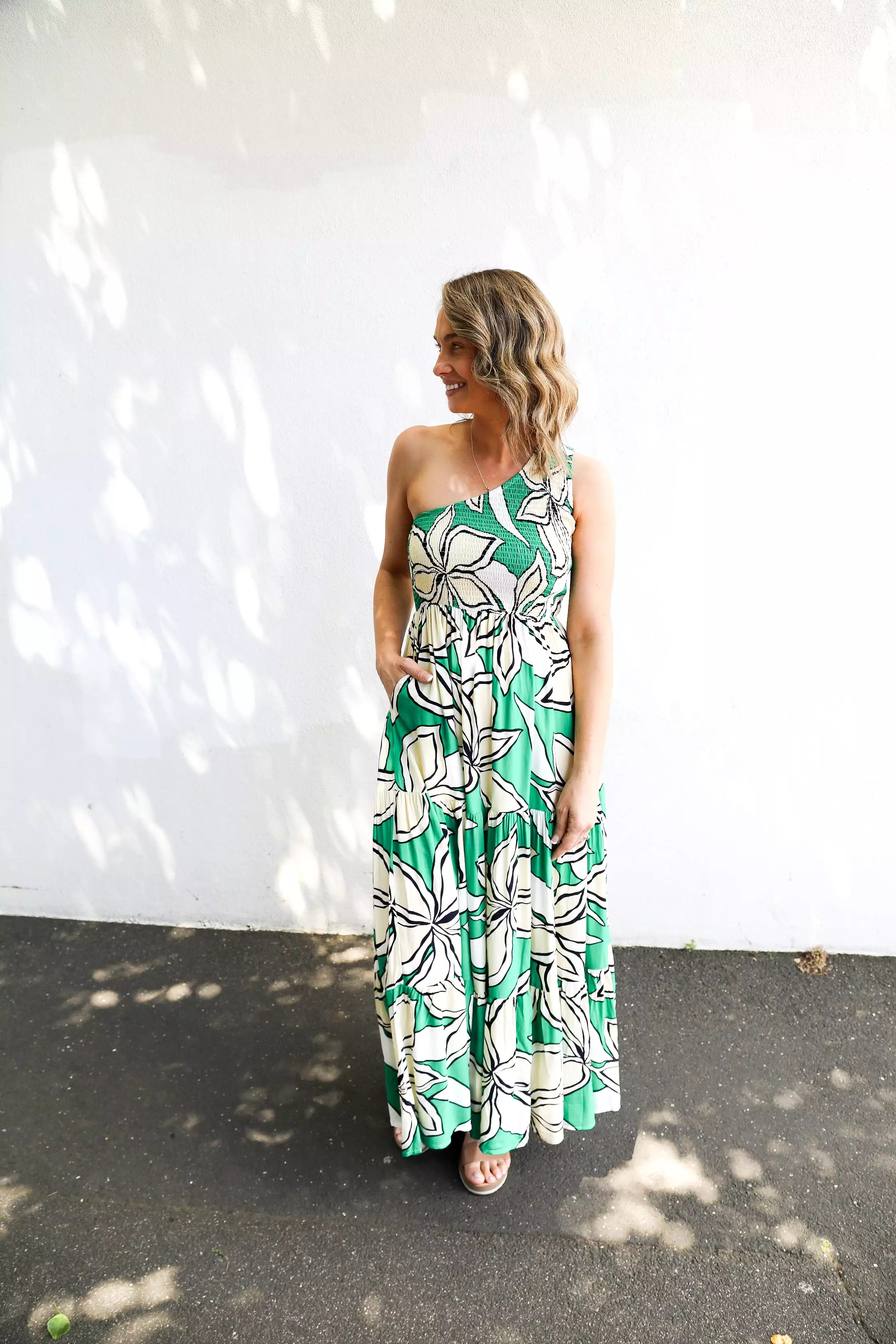 Henley One Shoulder Dress (Green Floral)