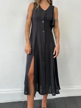 Italian Vintage Pure Linen Side Split Dress - S/M