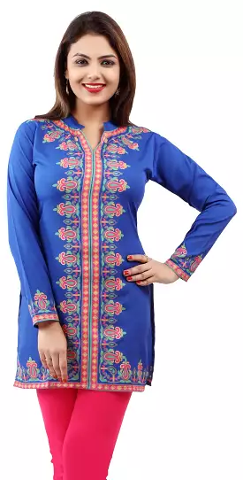 Kurti Top Tunic Women's Printed Blouse India Clothing (Blue)