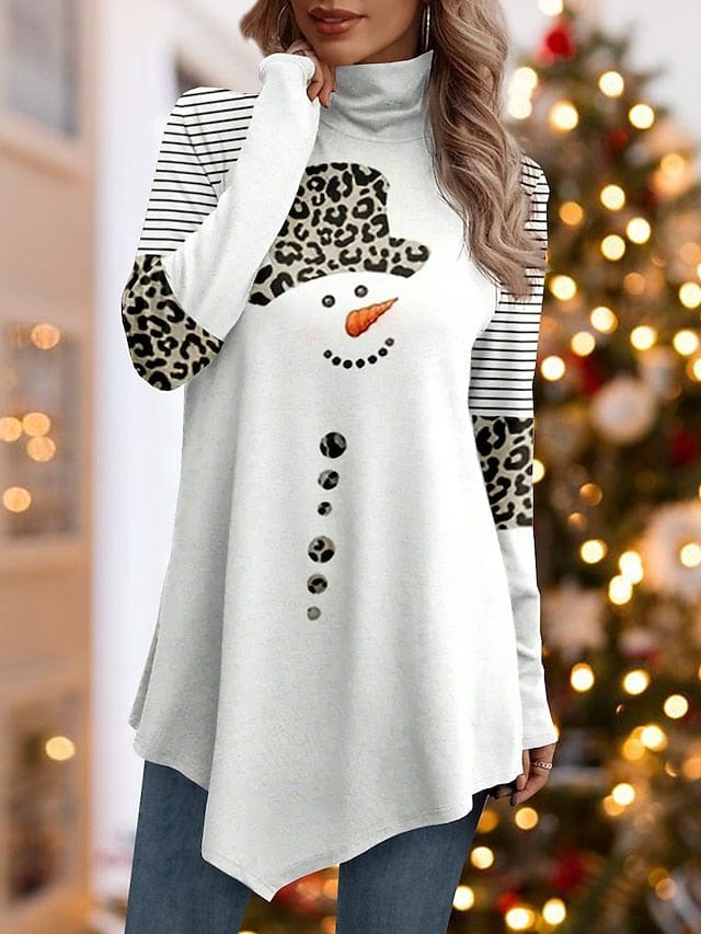 Leopard Snowman Striped Print Asymmetrical Turtleneck Tee - Women's Long Sleeve