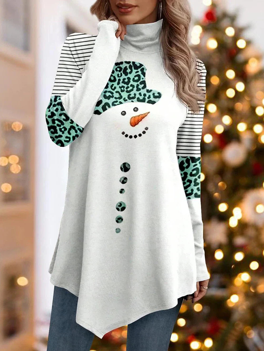 Leopard Snowman Striped Print Asymmetrical Turtleneck Tee - Women's Long Sleeve