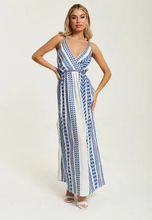 Liquorish Aztec Jacquard Maxi Dress In White And Blue