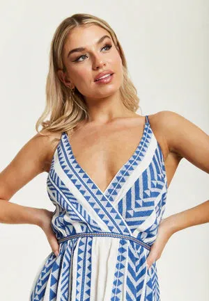 Liquorish Aztec Jacquard Maxi Dress In White And Blue