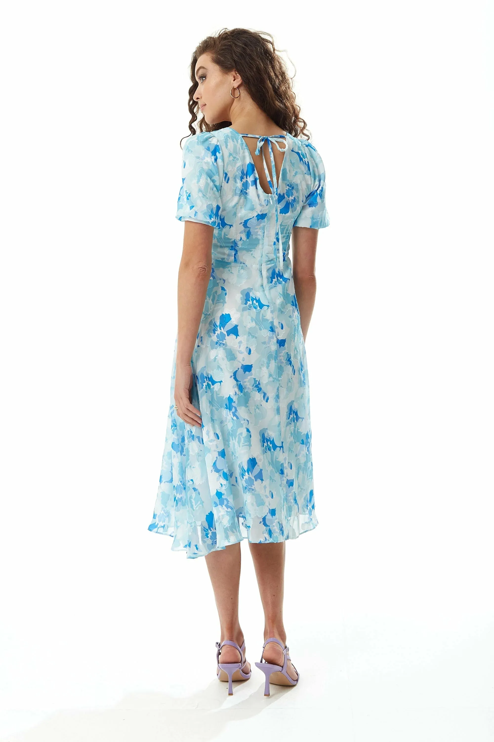 Liquorish Blue Floral Midi Dress With Short Sleeves