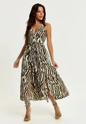 Liquorish Brown Zebra Strappy Midi Dress With Open Back