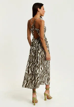 Liquorish Brown Zebra Strappy Midi Dress With Open Back