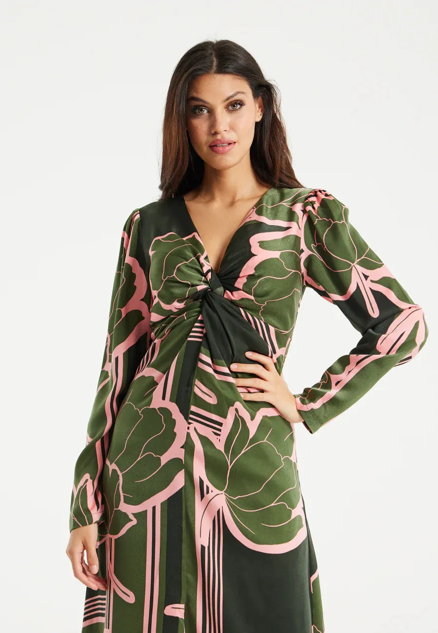 Liquorish Geometric Floral Knot Front Midi Dress