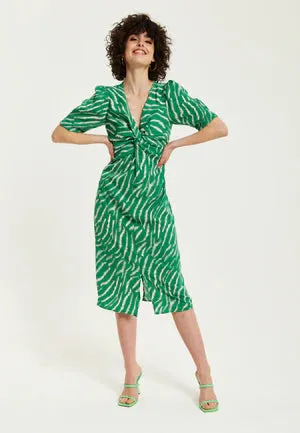 Liquorish Green Zebra Print Knot Front Midi Dress