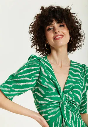 Liquorish Green Zebra Print Knot Front Midi Dress