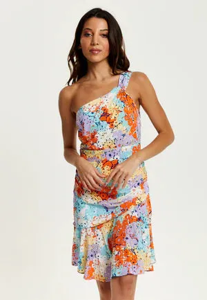 Liquorish Multicolour Floral Print One Shoulder Mini Dress